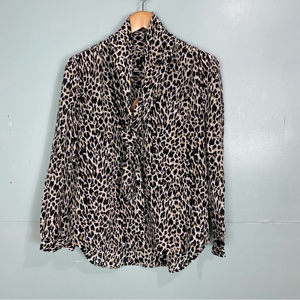 J Crew AE884 Sz S Leopard Tie Neck Silk Animal Print‎ Button Up Black Tan